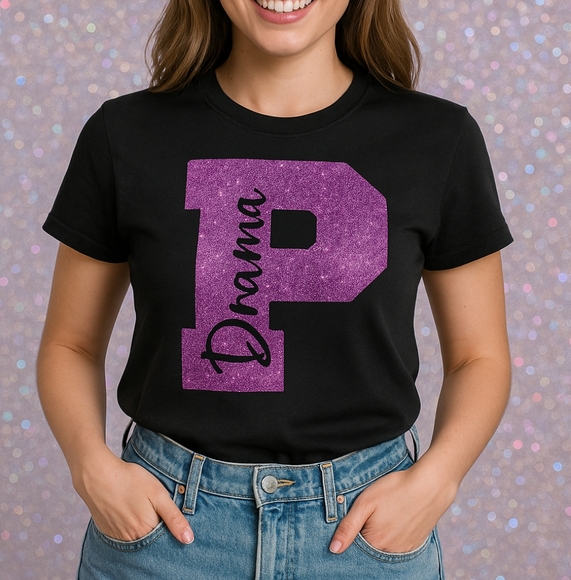Black Drama Glitter Letter P T-Shirt Pink Sparkle Graphic Tee S Short Sleeve Uni - Picture 1 of 8